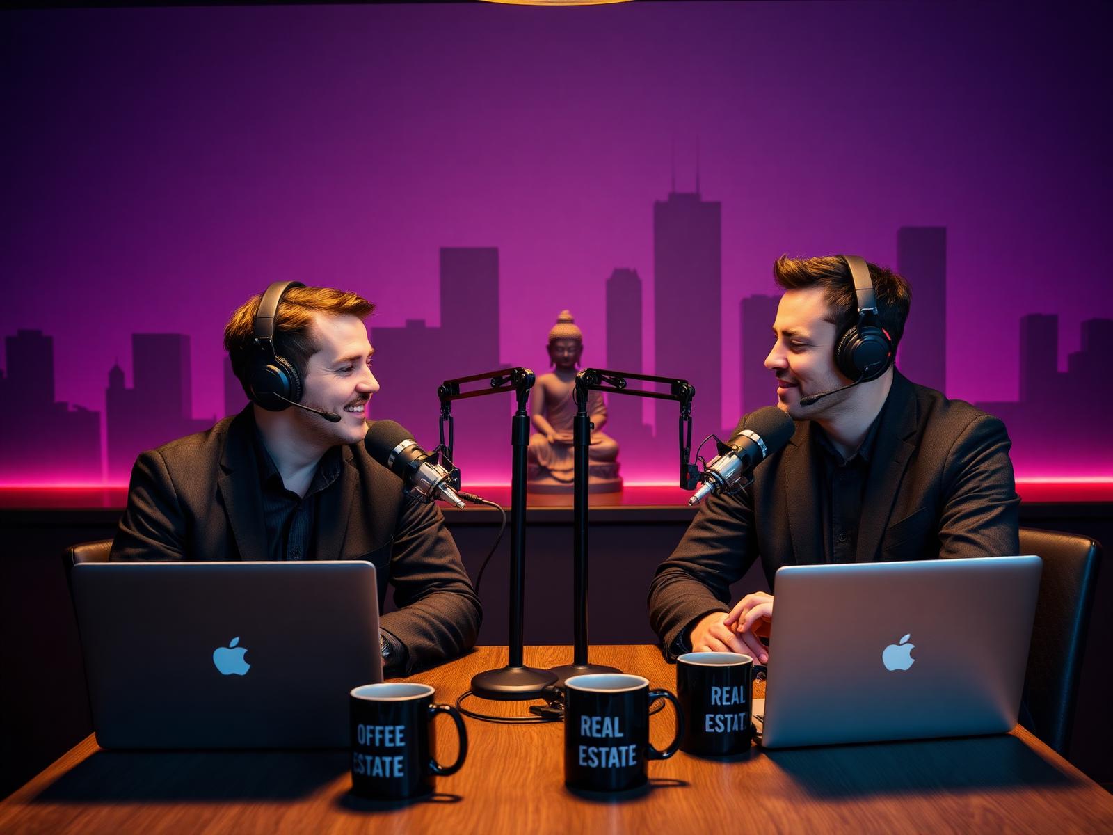 Two RED podcast hosts recording an episode with studio microphones and laptops